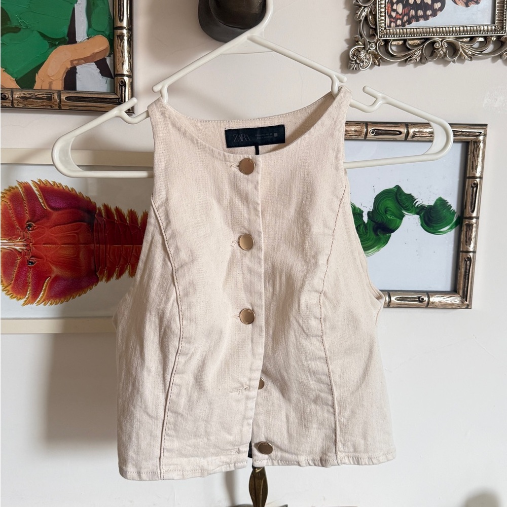 Zara Cropped Tan Denim Vest - Safari Vest with Halter Neckline, Button Details - Picture 3 of 4